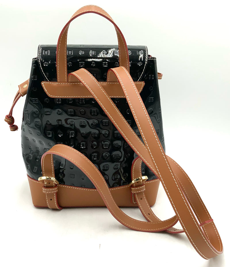 ARCADIA Black Patent Leather Logo Backpack