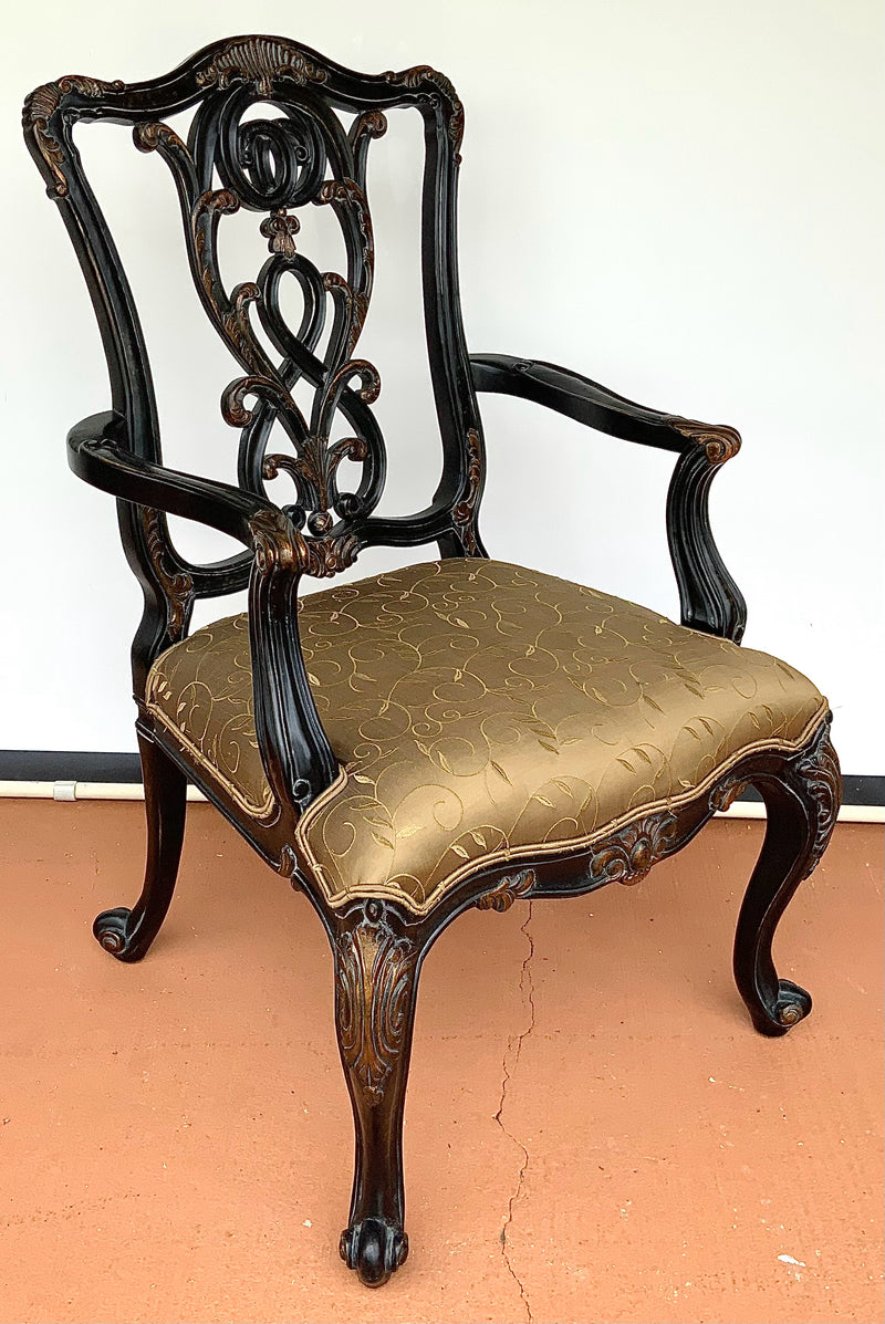 Black Chippendale Armchair with Gold Silk Upholstery