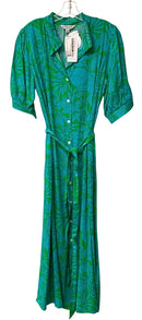 LA MER LUX Turq/Green Floral Ruffle Neck S/S B/D Belted Dress
