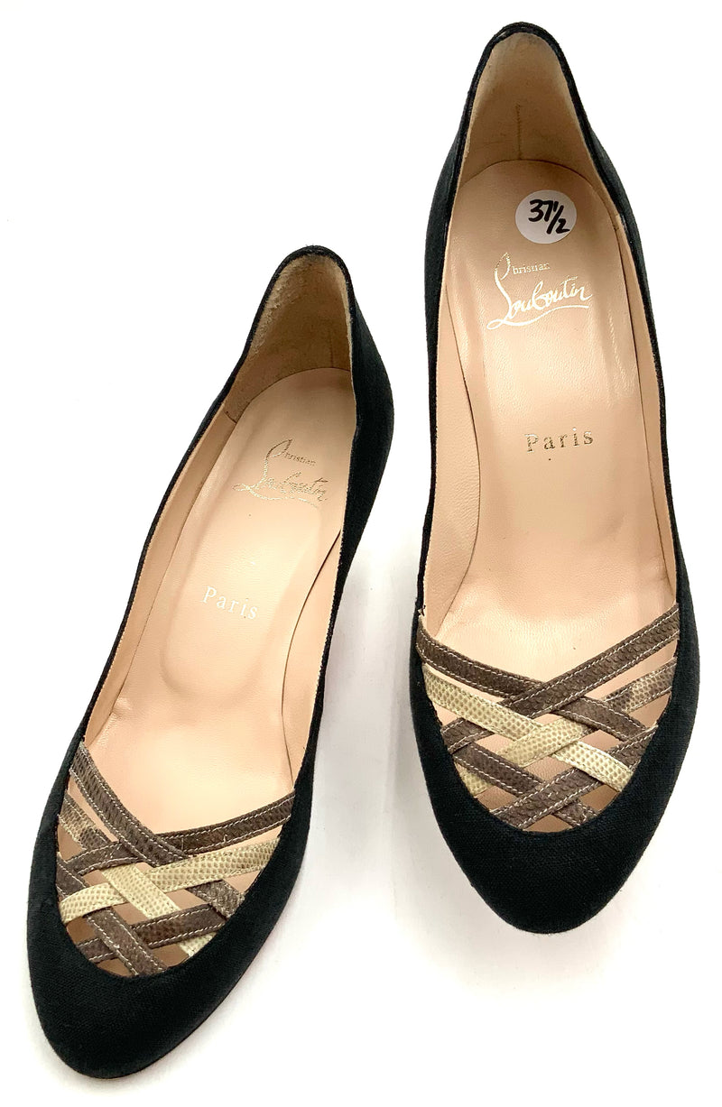 CHRISTIAN LOUBOUTIN Black Coated Fabric Reptile Cross Cross Pumps 37.5
