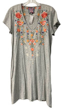 JOHNNY WAS Lt Grey W/Multi Floral Embroid V-Neck S/S Knit Dress