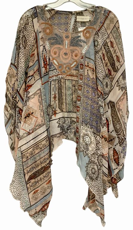 4 LOVE & LIBERTY Blush/Blue/Multi w/Mesh Embroid Neck L/S Sheer Silk Top