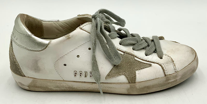 GOLDEN GOOSE White/Silver Mixed Leather Grey Suede Superstar Sneakers 6