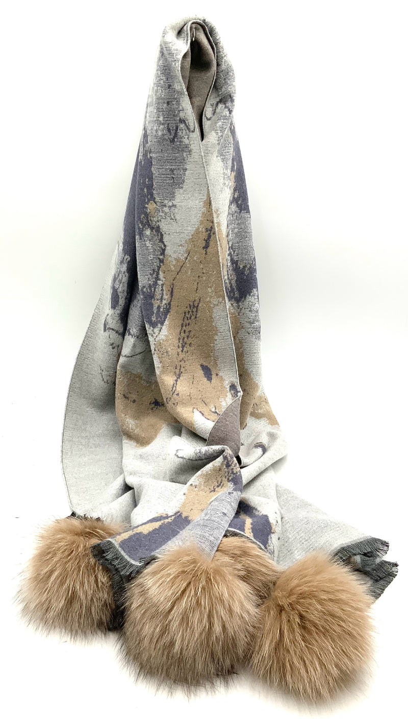 Grey Blue Tan Patterned Fox Pom Wrap