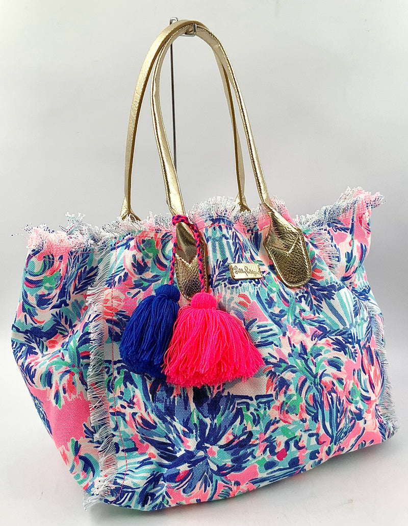 LILLY PULITZER Pink Blue Green Palm Fringe Cotton Gold Handle Tote Bag