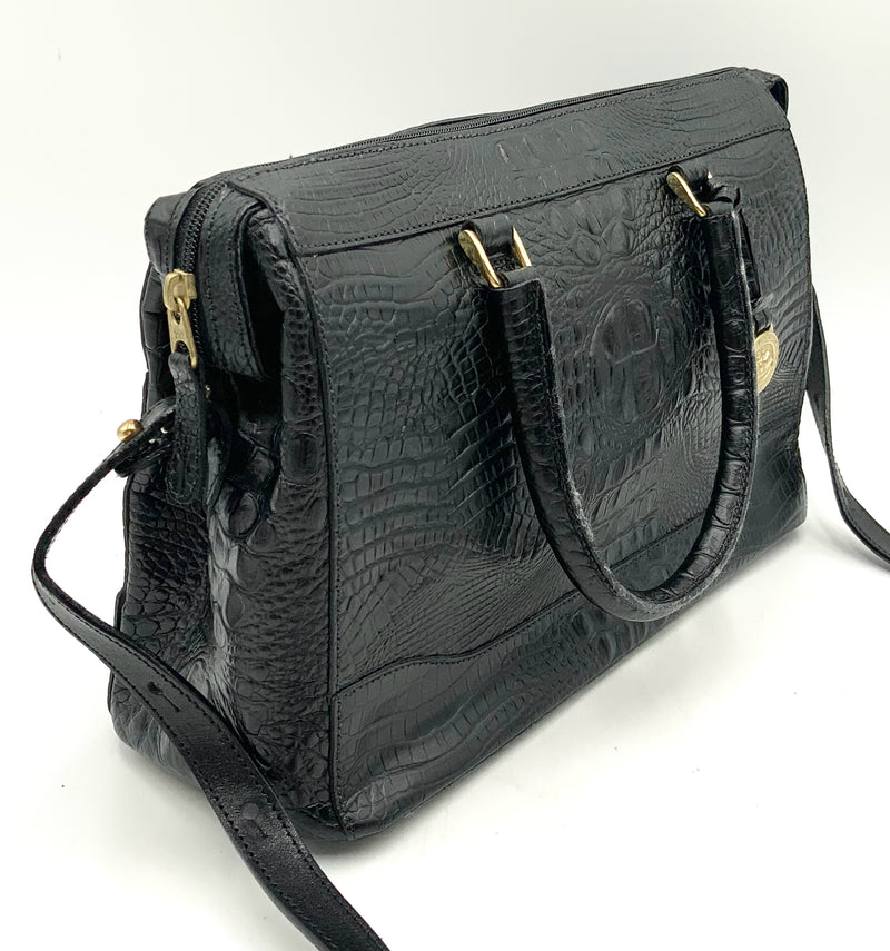 BRAHMIN Vintage Black Croc Embossed Leather E/W Shoulder Bag