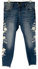 KUT Lt Wash w/White Floral Embroid Raw Hem Jeans