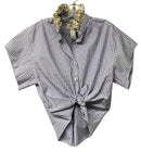 Navy/White Stripe w/Floral Ruffle Collar Upcycled S/S B/D Top