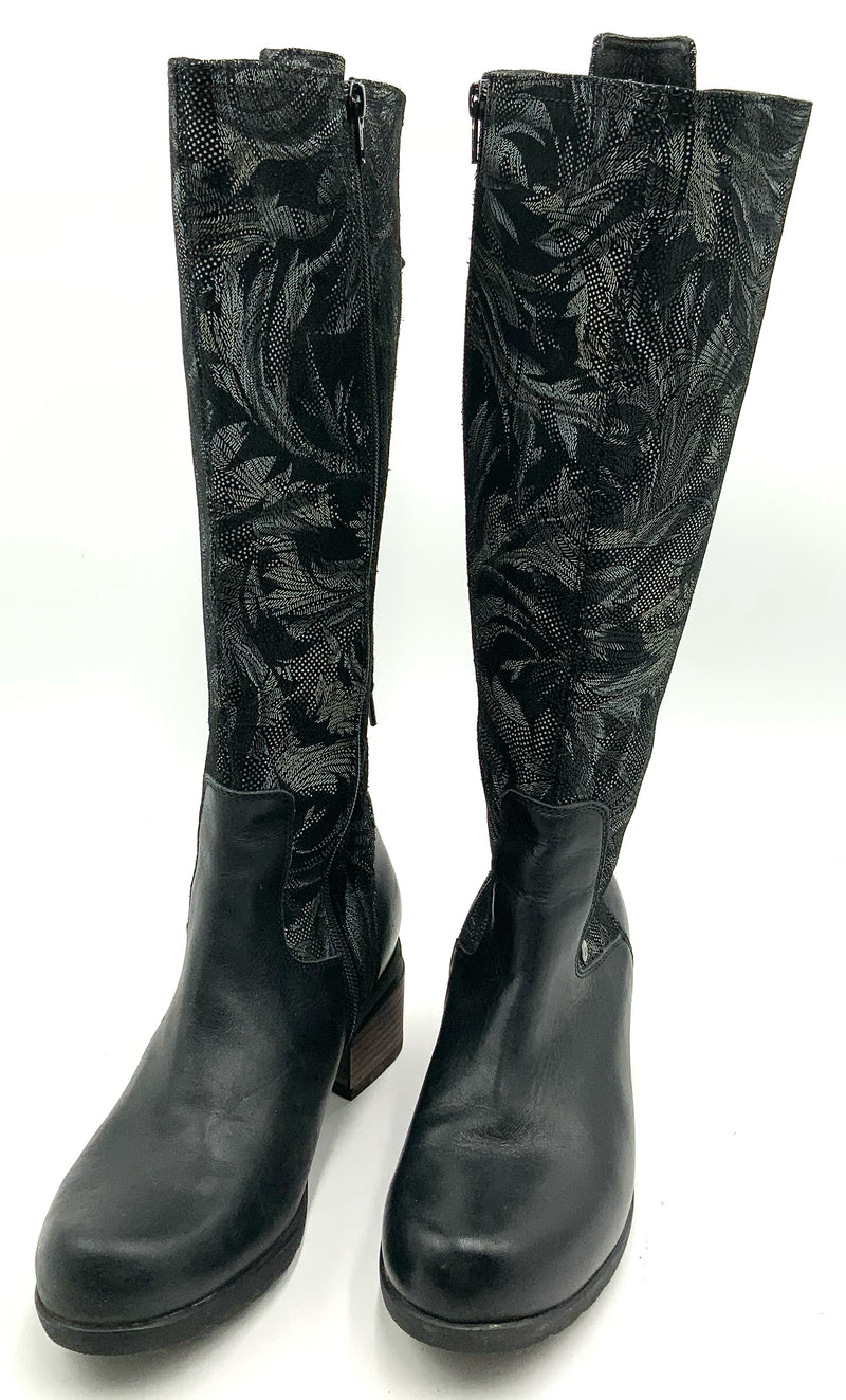 WOLKY Black Leather Palm Printed Lace Back Hayden Tall Boots 40