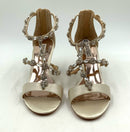 BADGLEY MISCHKA Cream Satin Rhinestone Embellished Wedge Sandals 8.5