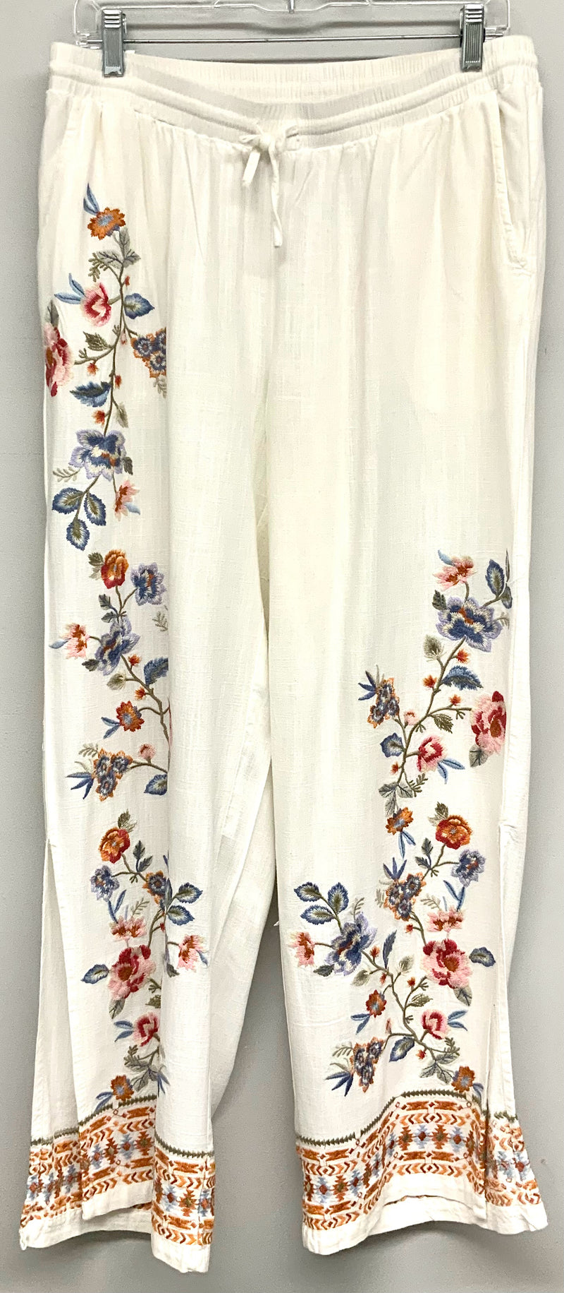 PAPARAZZI White w/Multi Floral Embroid Drawstring Pants