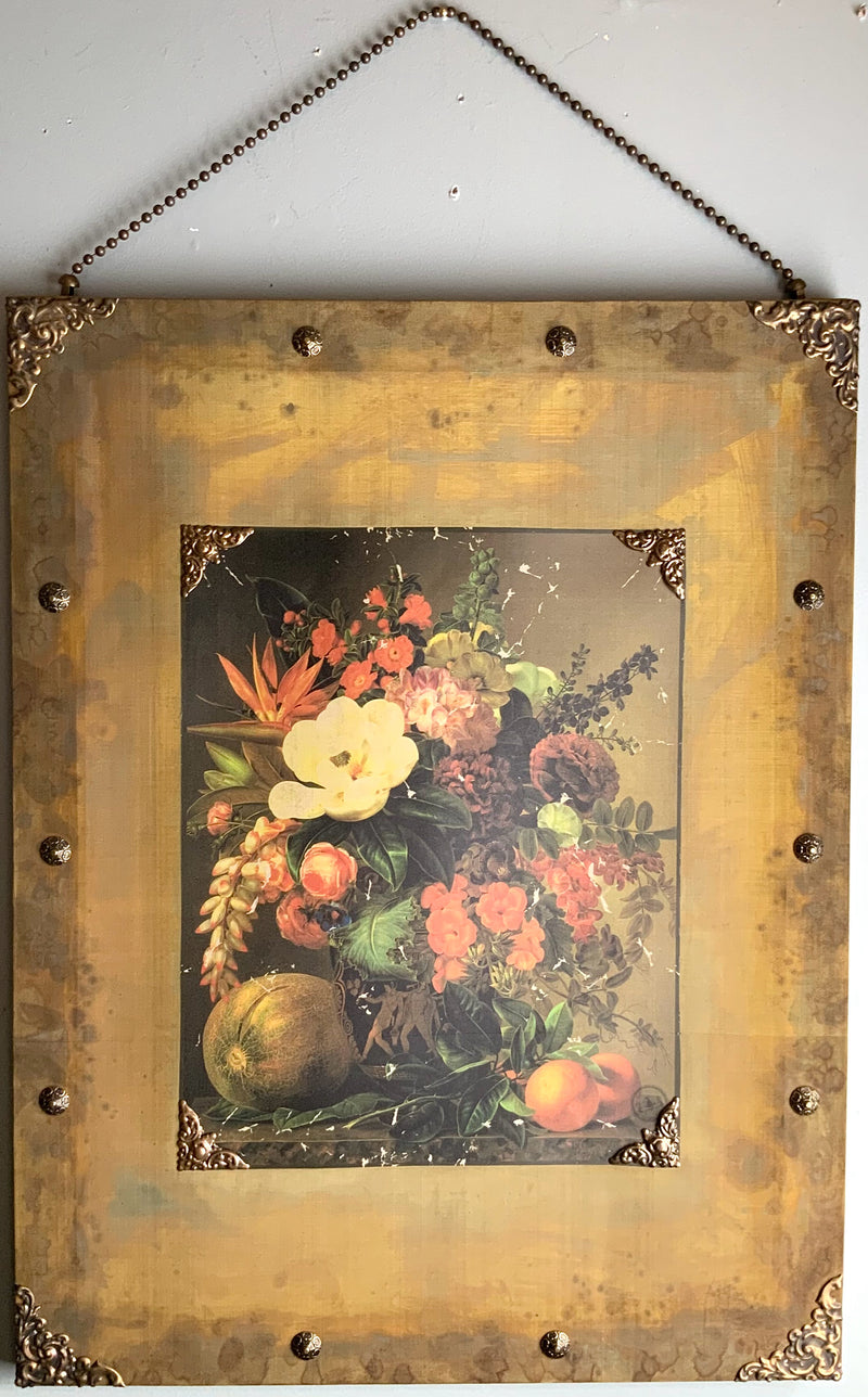Pair of Floral Prints on Fabric With Metal Accents
