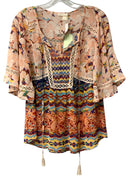 MEADOW RUE Orange/Blue/Multi w/Lace Accents Flutter Sleeve Top