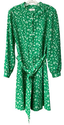 UNTUCK IT Green/White Floral L/S B/D Belted Shirt Dress