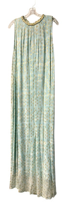 CK BRADLEY Aqua/Gold Metallic w/Braided Trim & Belt S/L Maxi Dress