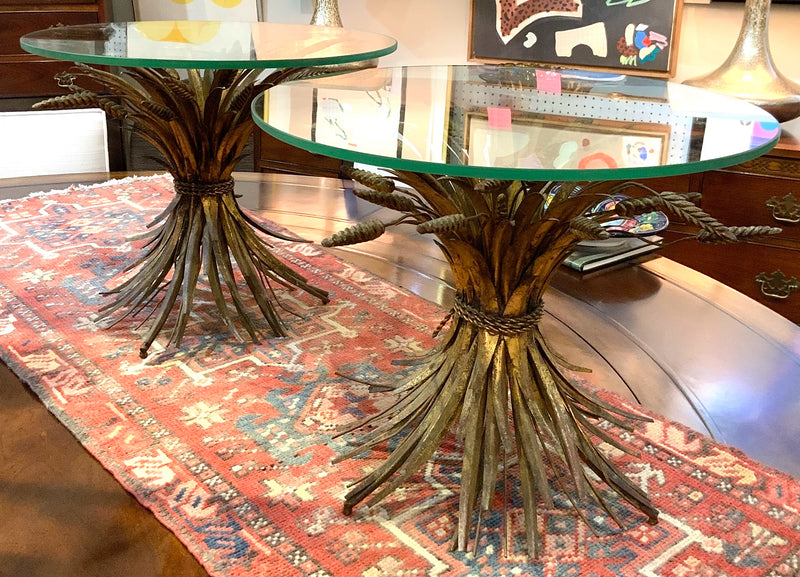 Pair of Vintage Glass Top Occasional Tables with Gold Metal Wheat Base