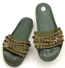 CHANEL Green Canvas Multi Chain Slide Sandals AS IS