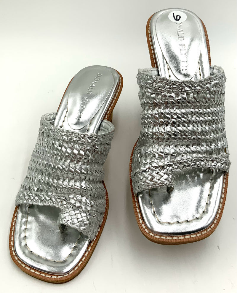 DONALD PLINER Silver Woven Leather Block Heel Sandals 6