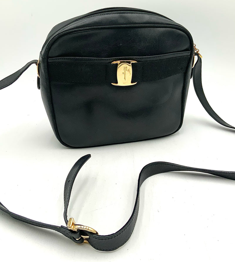 FERRAGAMO Black Leather Ribbon Trim Shoulder Bag AS IS