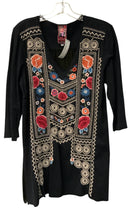 JOHNNY WAS Black w/Multi Floral Embroid V-Neck 3/4 Sleeve Knit Tunic