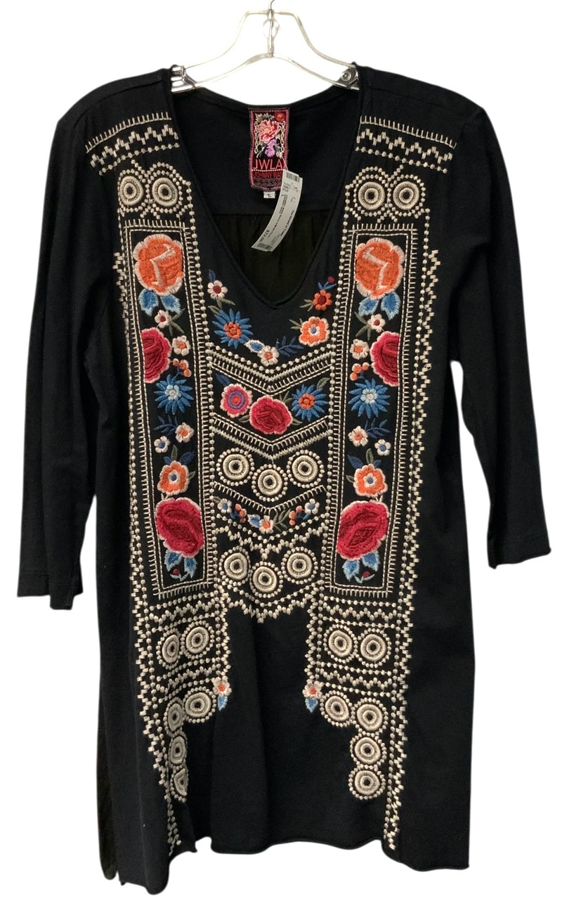 JOHNNY WAS Black w/Multi Floral Embroid V-Neck 3/4 Sleeve Knit Tunic