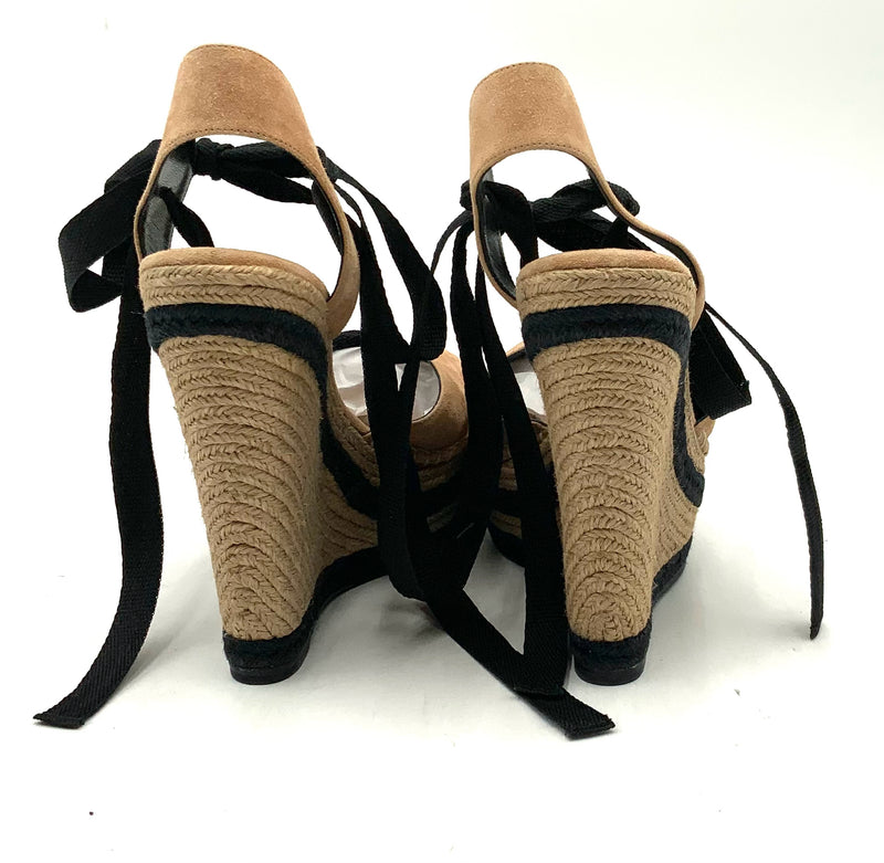 GUCCI Tan Suede Black Ribbon Tie Espadrille Wedges 38
