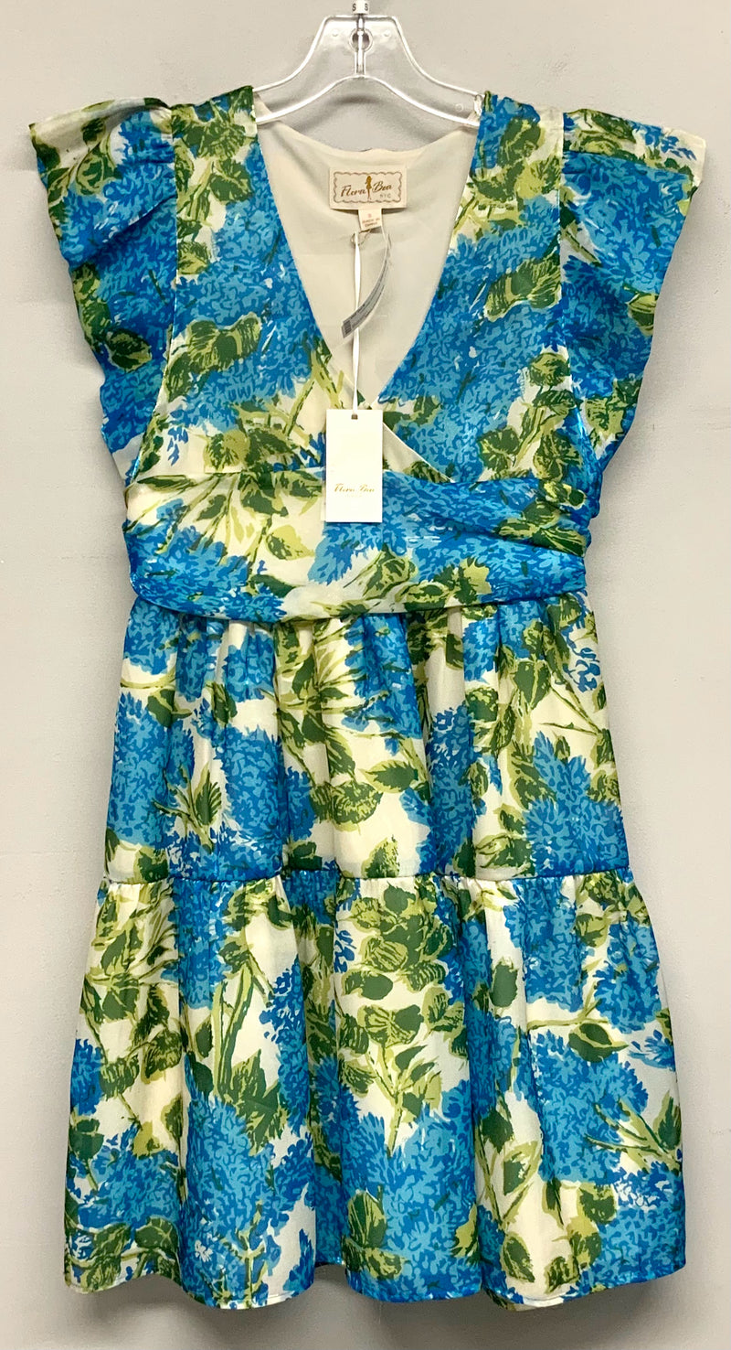 FLORA BEA Blue/Green Shimmer Floral Cap Sleeve Dress