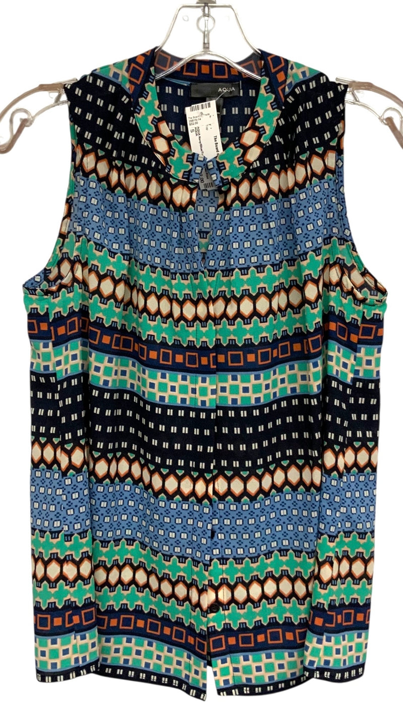 AQUA Navy/Blue/Turq/Multi Geo Print S/L B/D Top