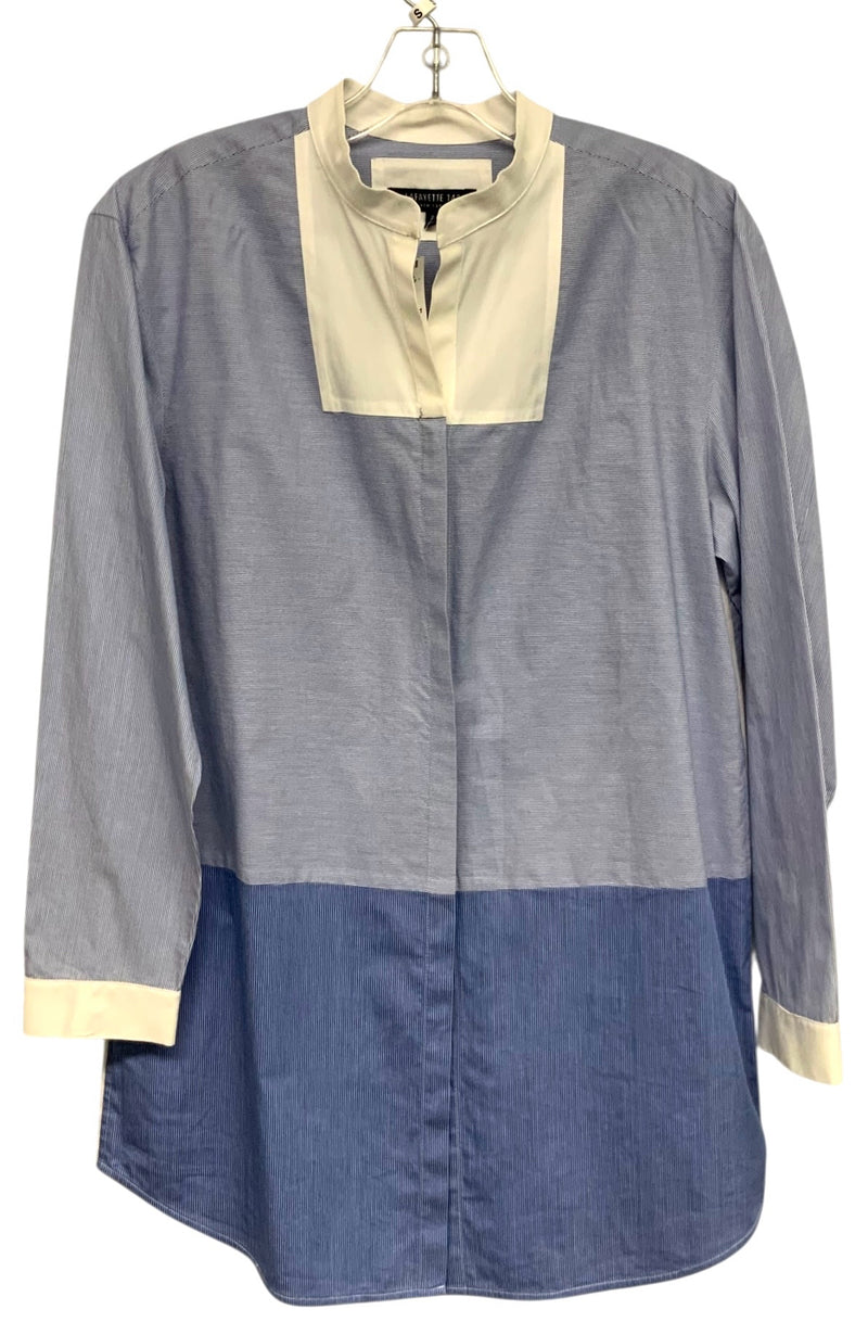 LAFAYETTE 148 Blue/White Stripe Band Collar L/S B/D Top