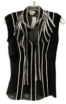 KAREN MILLEN Black/Off-White Sheer w/Ribbon Detail S/L Top