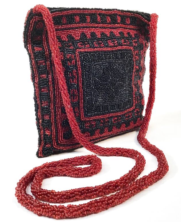 CHRISTIAN LIVINGSTON Vintage Black Red Seed Bead Shoulder Bag