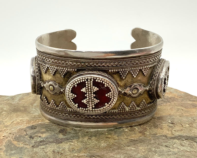 Sterling, Brass & Glass Kazakh Cuff Bracelet