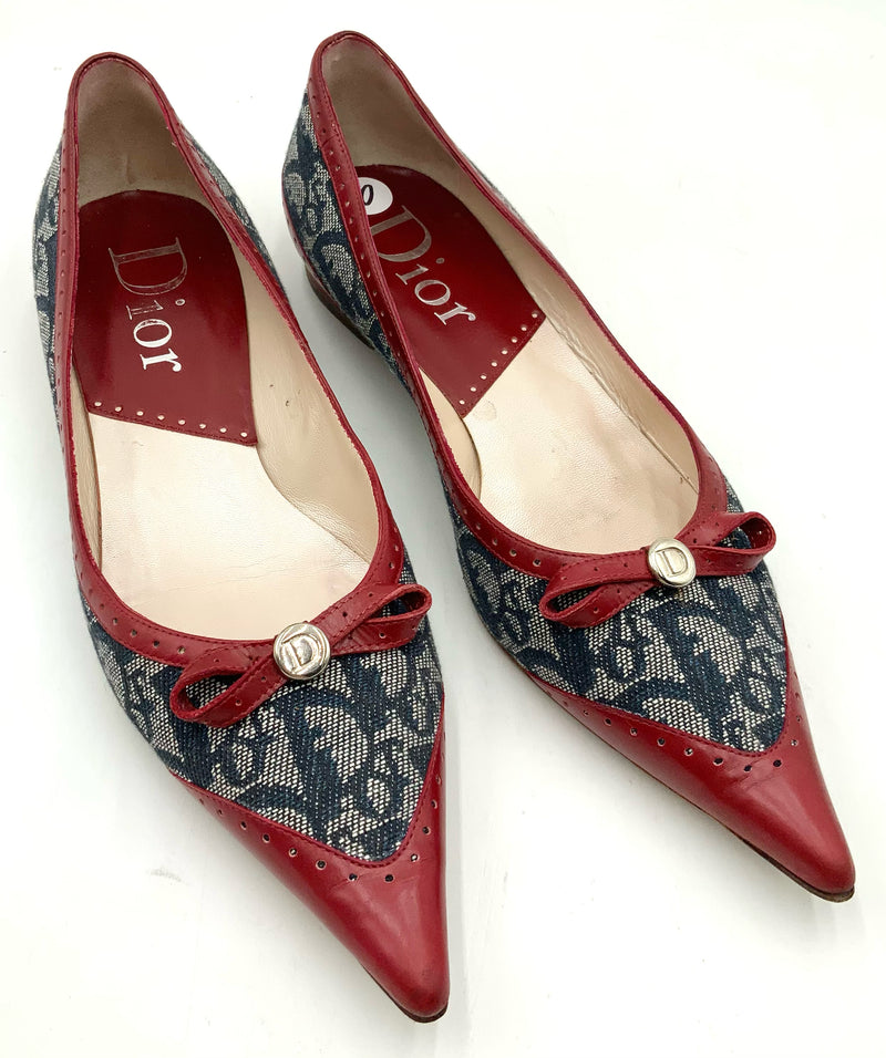 DIOR Navy Diorissimo Monogram Red Lea Pointed Toe Flats 10