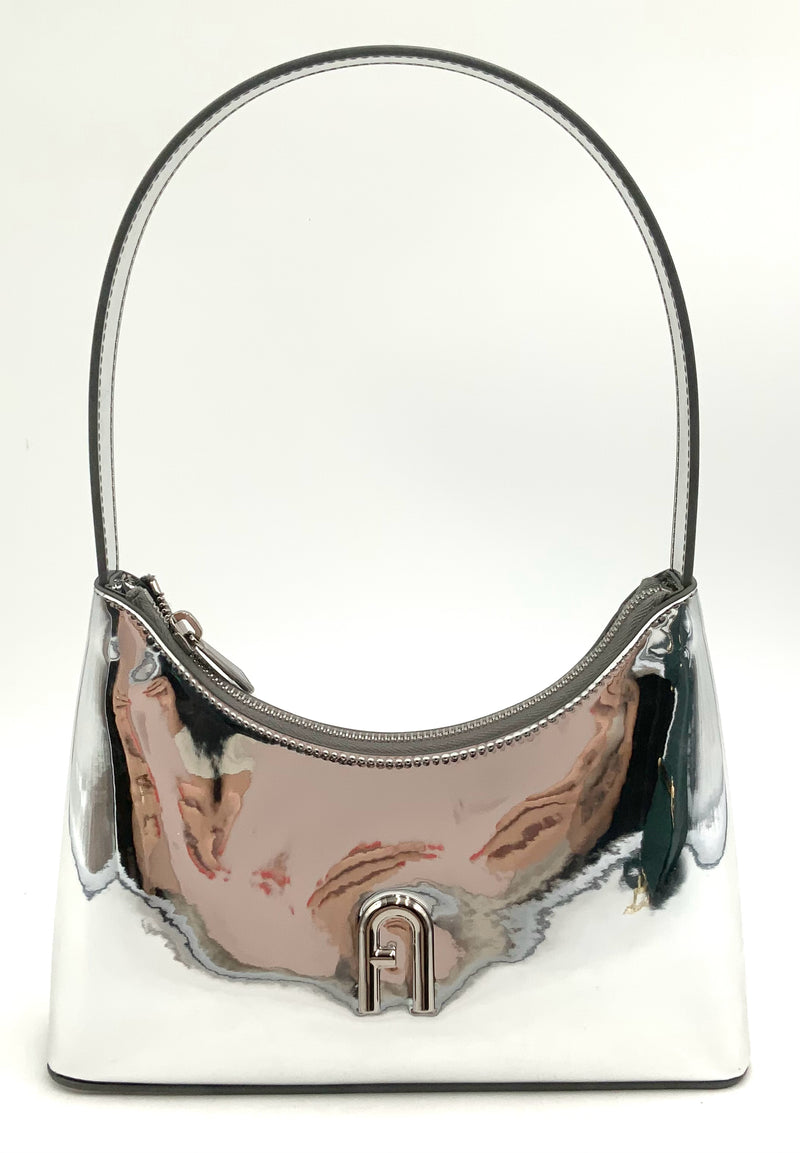 FURLA Silver Metallic Leather Mini Diamante Shoulder Bag