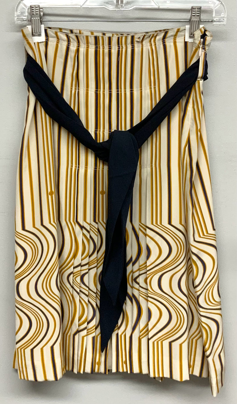 TORY BURCH Navy/Gold Monogram Wavy Stripe Pleated Belted Silk Skirt