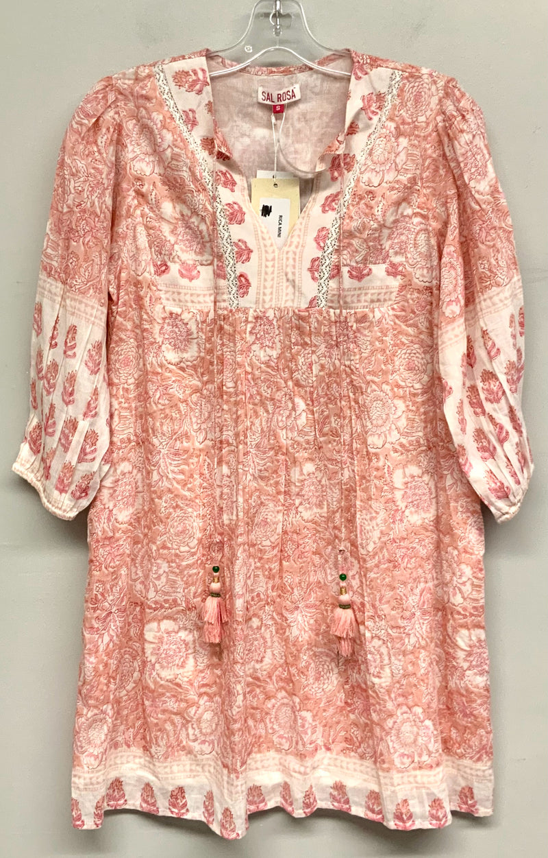 SAL ROSA Pink/Lt Pink Floral Tassel Tie 3/4 Sleeve Dress