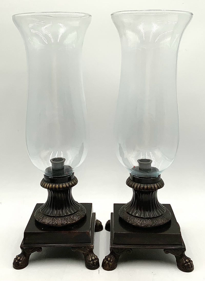Pair of Glass & Bronze Hurricanes