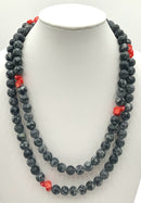 Silvertone Metal, Snowflake Obsidian & Coral Necklace
