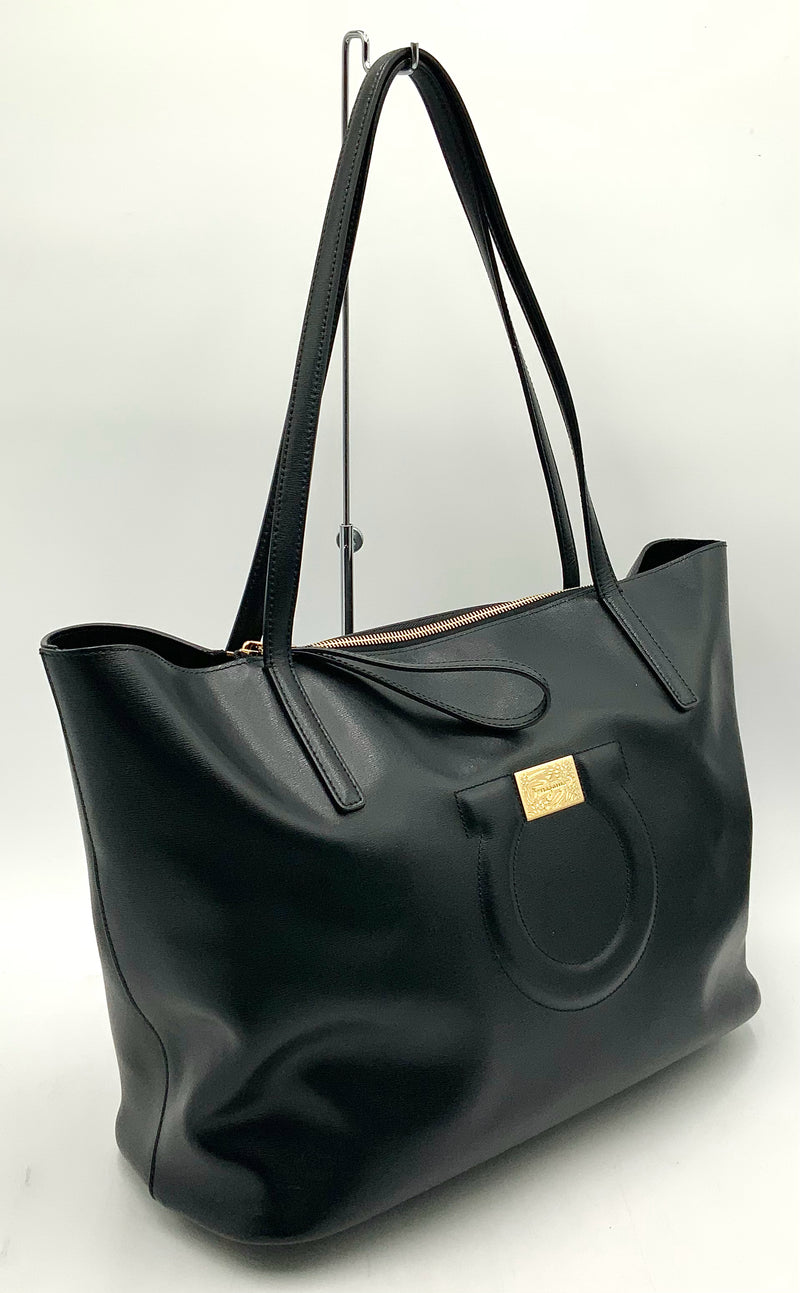 FERRAGAMO Black Leather  Embossed Gancio City Tote