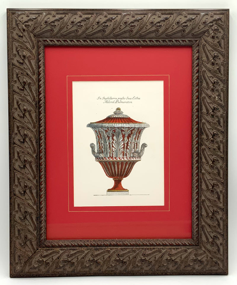 Pair of Red Lidded Urn Lithographs with Ornate Frames