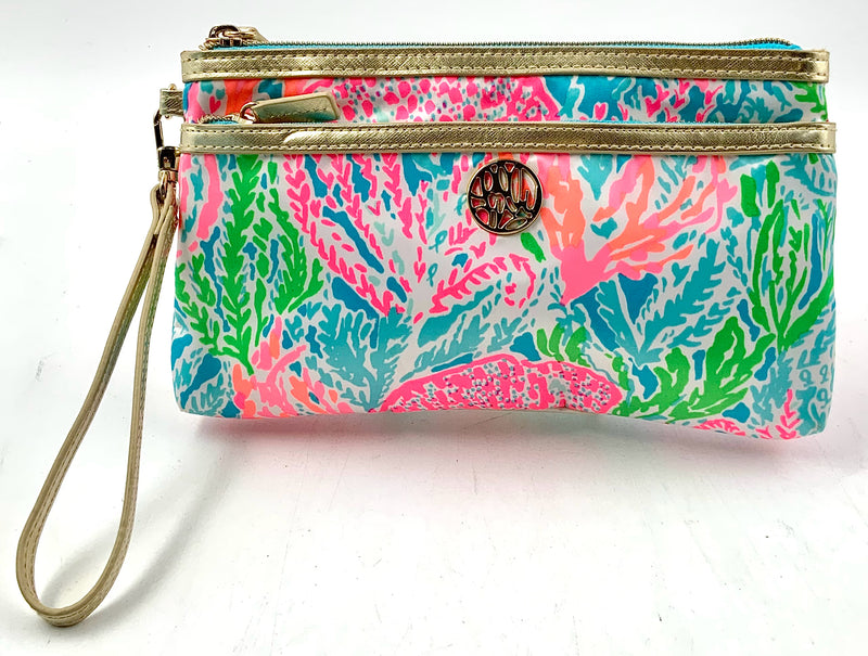 LILLY PULITZER Turq Multi Coral Gold Trim Toosie Wristlet