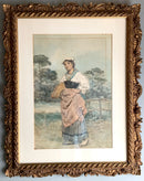Antique Original Watercolor of Woman with Basket