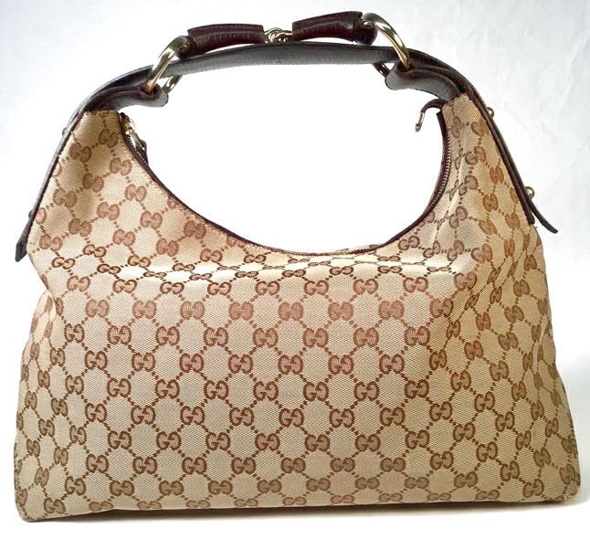 GUCCI Brown Leather Horsebit Handle GG Monogram Hobo Bag