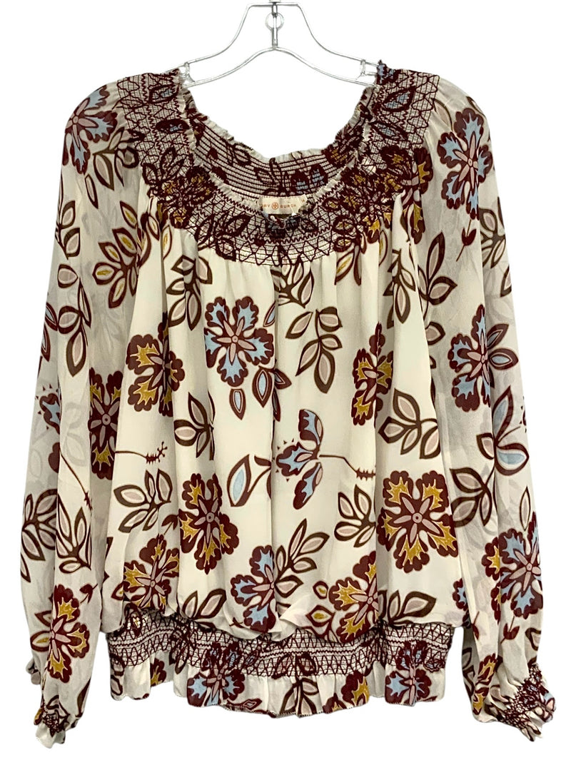 TORY BURCH Berry/Cream/Blue Floral Smocked Detail Off Shldr Top