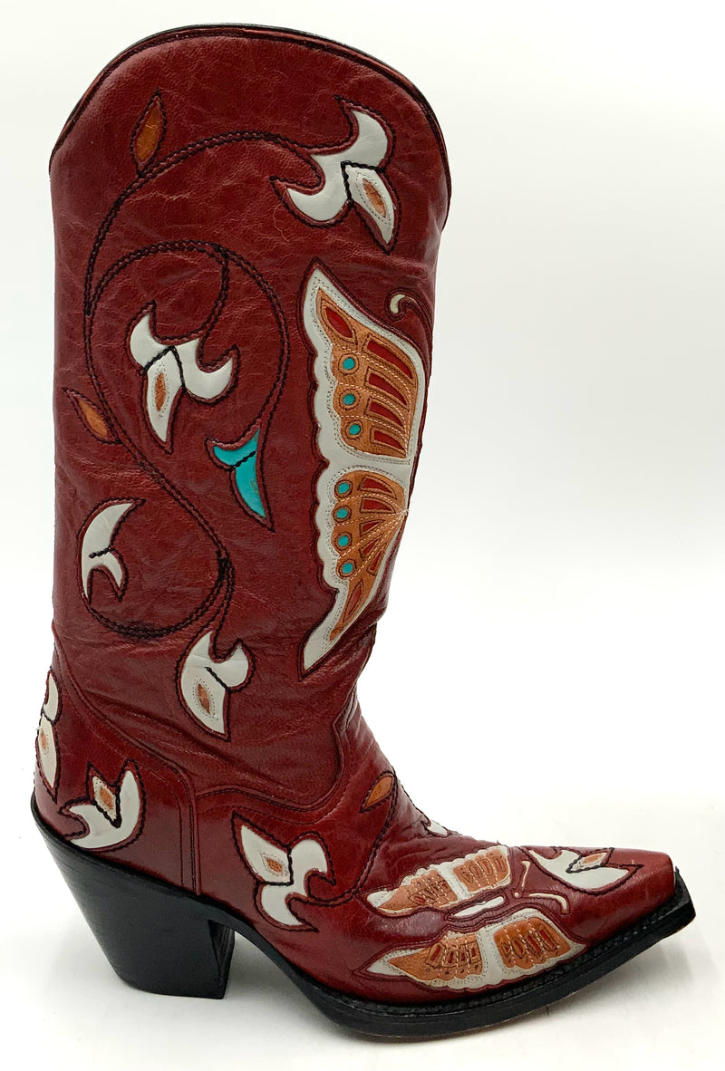 CORRAL Dk Red Leather w/Butterfly Inlay Snip Toe Cowboy Boots 6