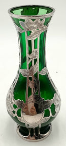 Vintage Art Nouveau Sterling Silver Overlay Green Glass Vase