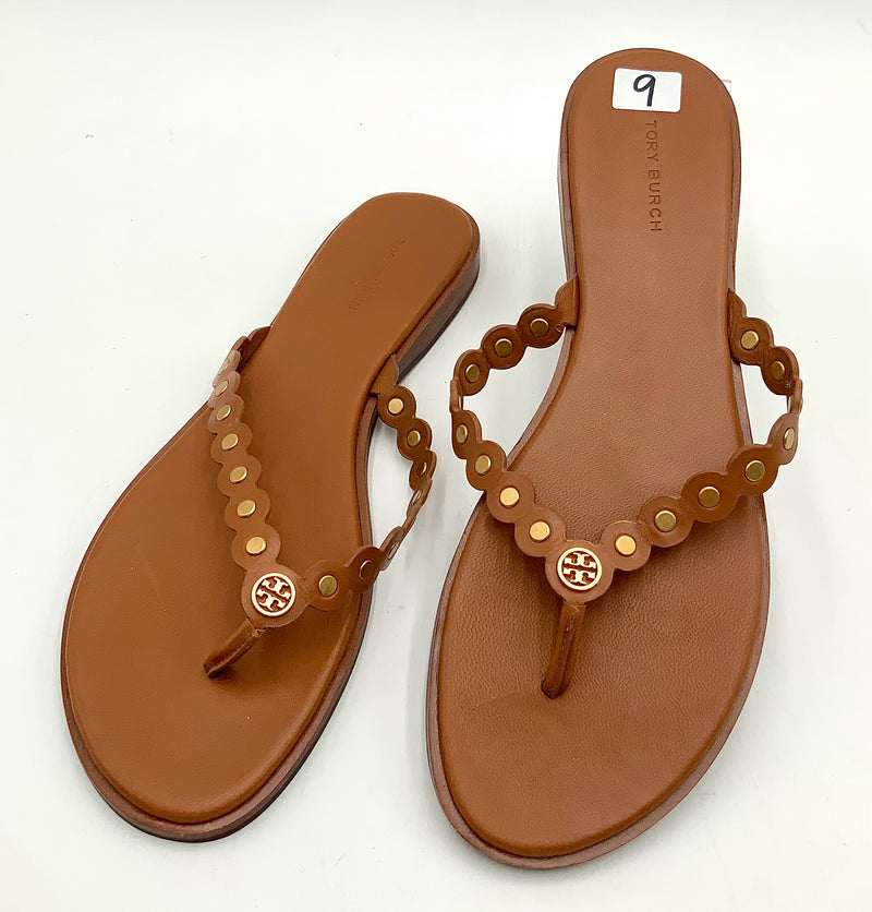 TORY BURCH Ambra Scalloped Lea Gold Stud Benton Flip Flop Sandals 9