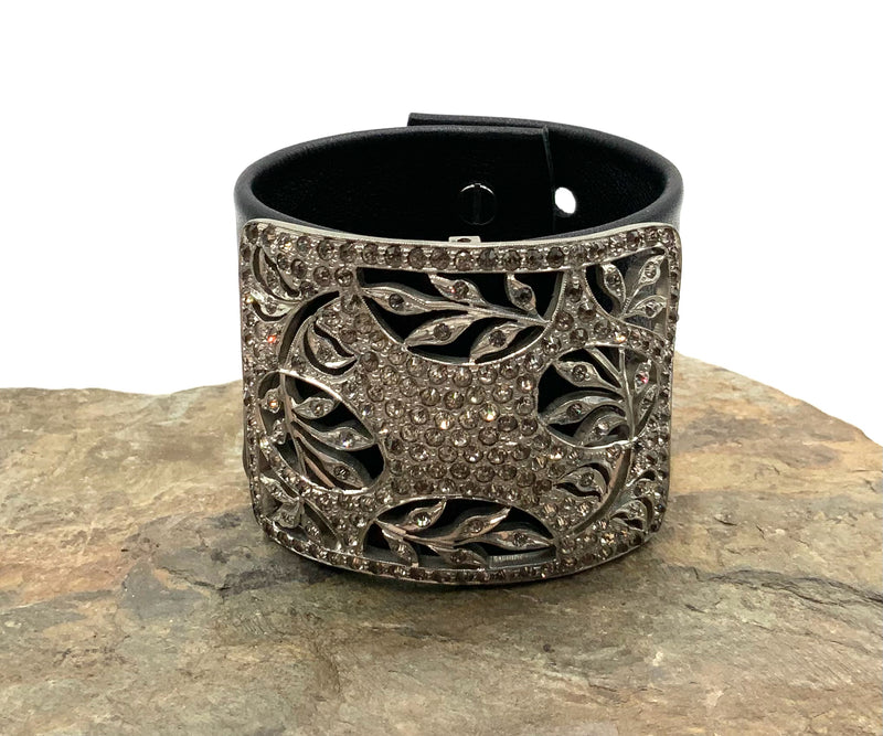 Silvertone Metal & Pave Rhinestone Leather Cuff