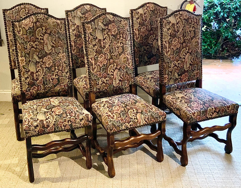 Set/6 Tapestry Upholstered Dining Chairs with Nailhead Trim