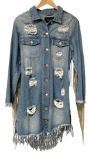 AKIRA Lt Wash Distressed Denim w/Rhinestone Fringe "Dollys Sis" Jacket